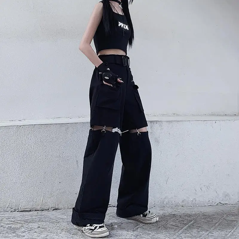 New 2025 Streetwear Black Pants for Women Fashion High Waist Detachable Streetweart Cargo Pants Woman