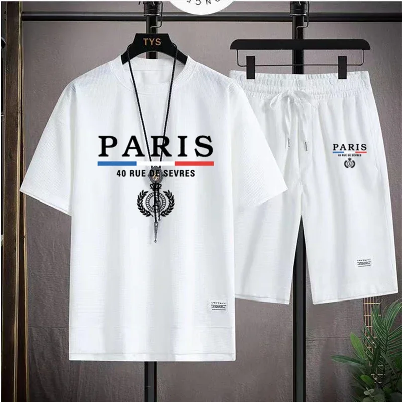 

Men's Waffle France Paris casual crew-neck T-shirt + five-point shorts 2 sets of summer quick drying breathable loose sportswear