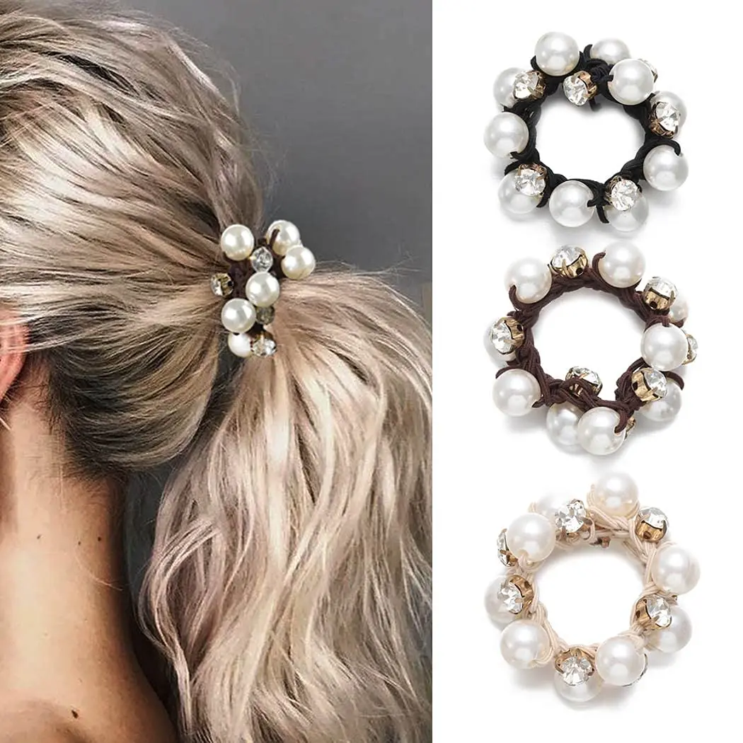 

Fashion Crystal Elastic Hair Ties Pearl Ponytail Hair Bands Hair Rope Headwear Hair Accessories for Women and Girls