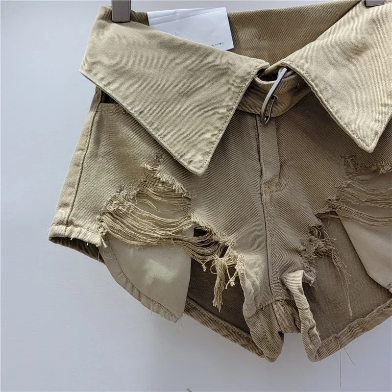 Distressed Cargo Shorts Jeans Vintage Holes Patchwork Denim Shorts Women Trend Lapel High Waist Irregular Pants Female Clothing
