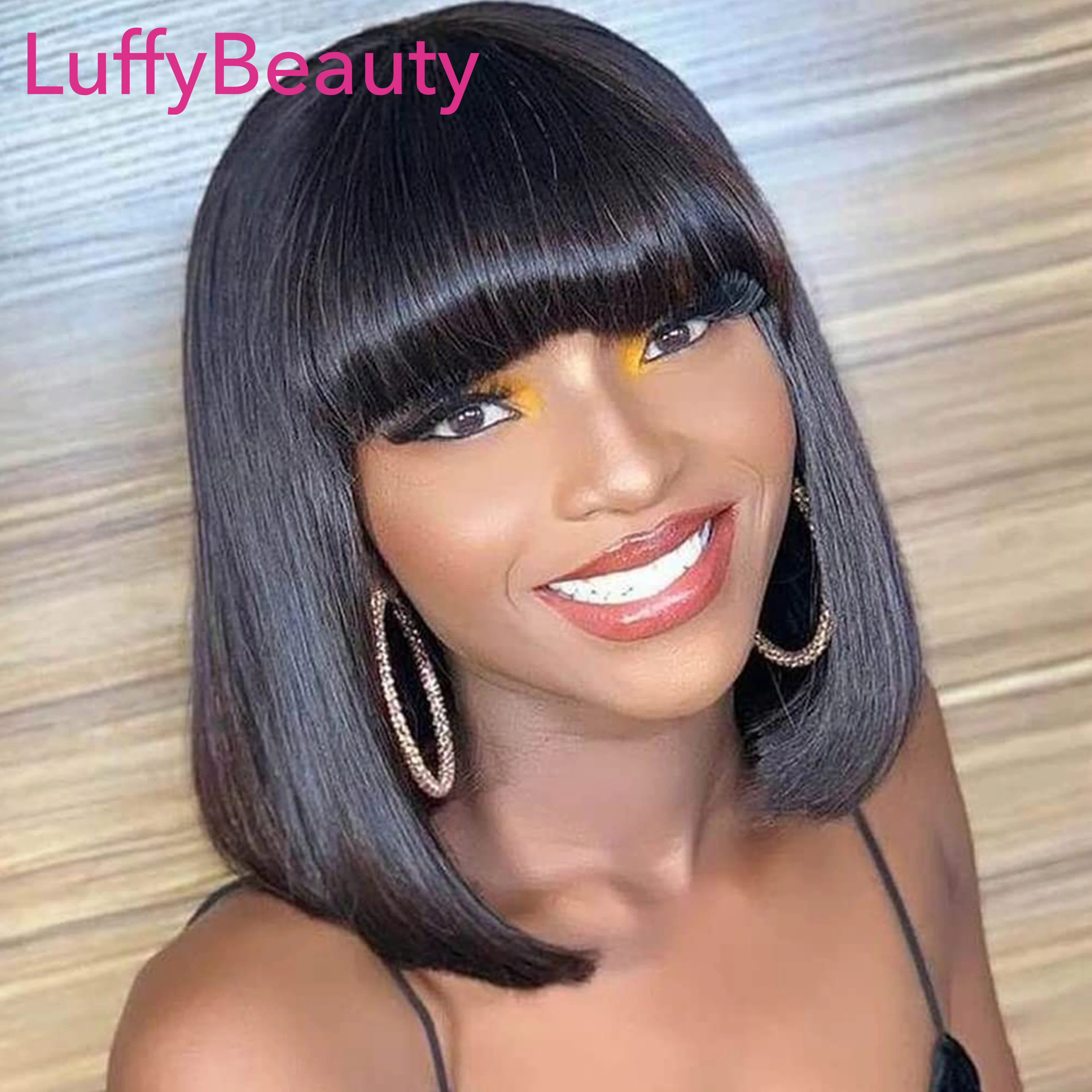 

Short Straight Bob Wig Human Hair With Bangs Glueless Scalp Top Machine Made Wig Straight Wig Brazilian Human Hair For Women