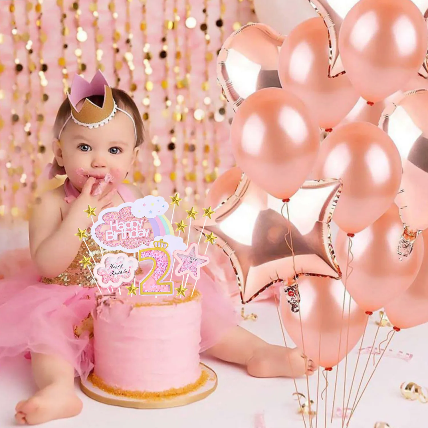 AHAORAY Décoration De Gâteau D'anniversaire à Paillettes Dorées Pour Gâteau D'anniversaire De 2e Anniversaire De Bébé – Accessoires De Photomaton