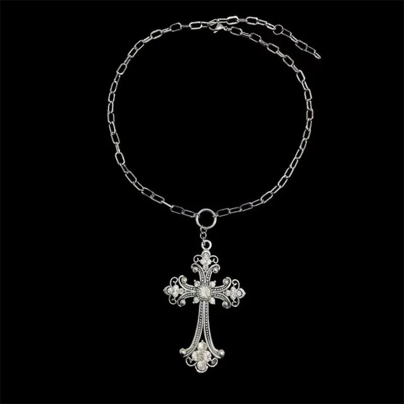 Large Detailed Rhinestone Cross Gothic Coarse Chain Necklace Victorian