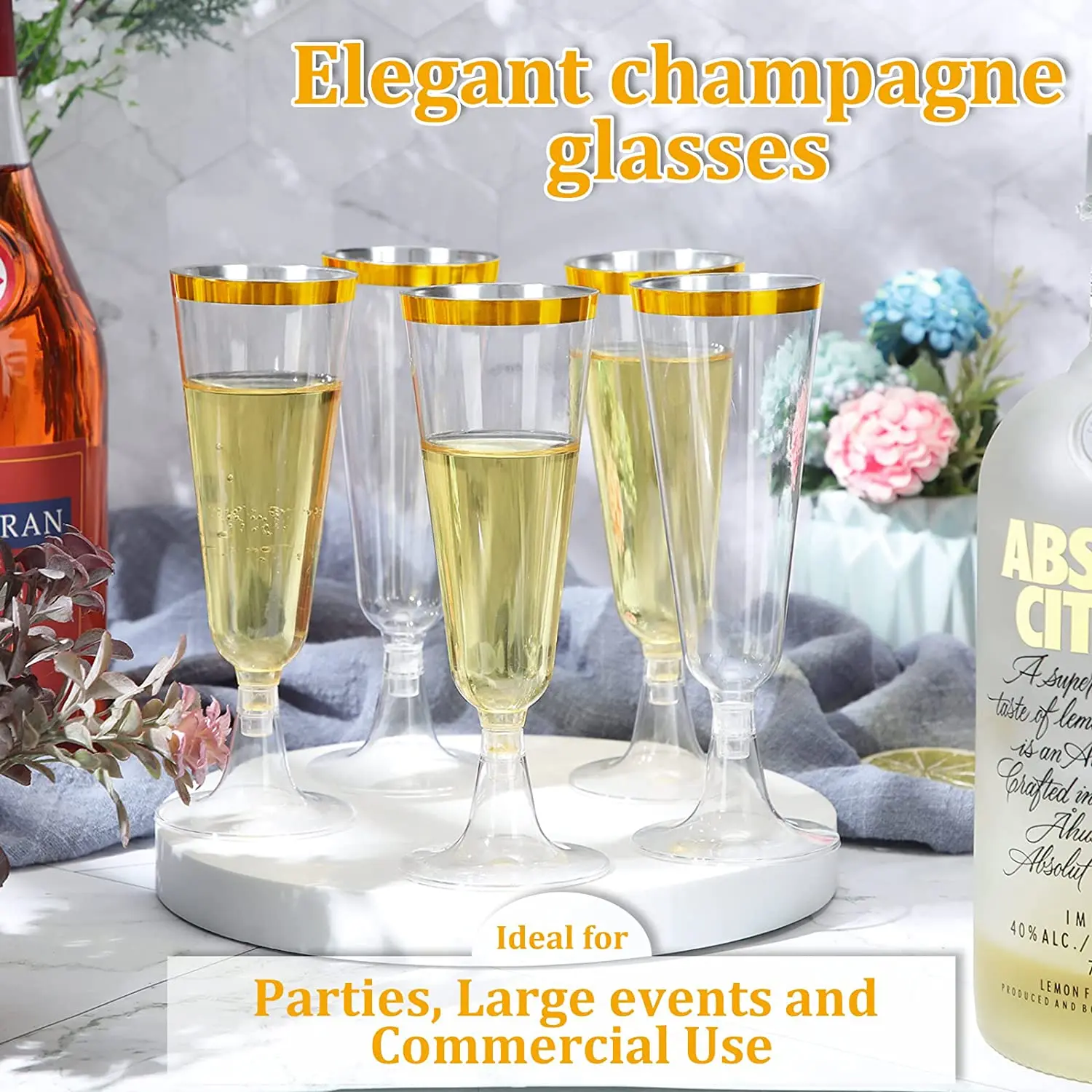 25pcs Plastic Gold Rimmed Champagne Flutes | 5.5oz. Clear Hard Disposable Party & Wedding Glass, Premium Heavy Duty Fancy Cup images - 6