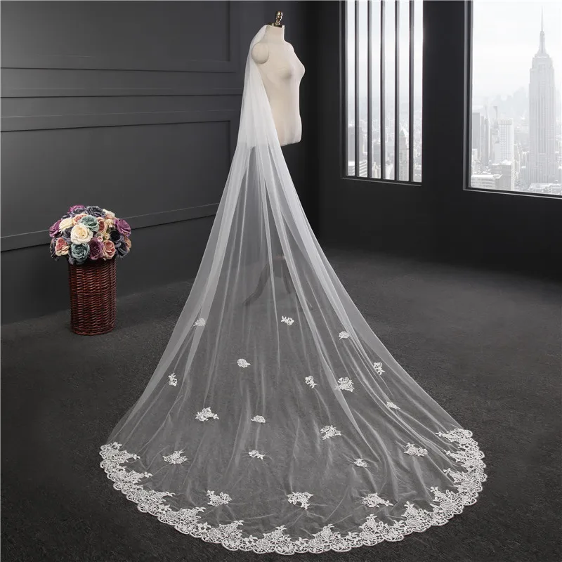 

Bridal Veil Double Layer Super-long Trailing Cathedral Lace Edge Wedding New Veil with Hair Comb Wedding Bride Accesories Novia