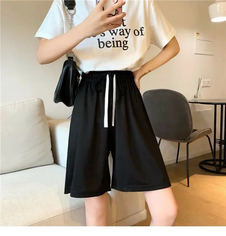 

Casual Summer Shorts Women Oversize Simple Unisex High Waist Short Tie Rope Elastic Waists Thin and Loose Breathable Shorts