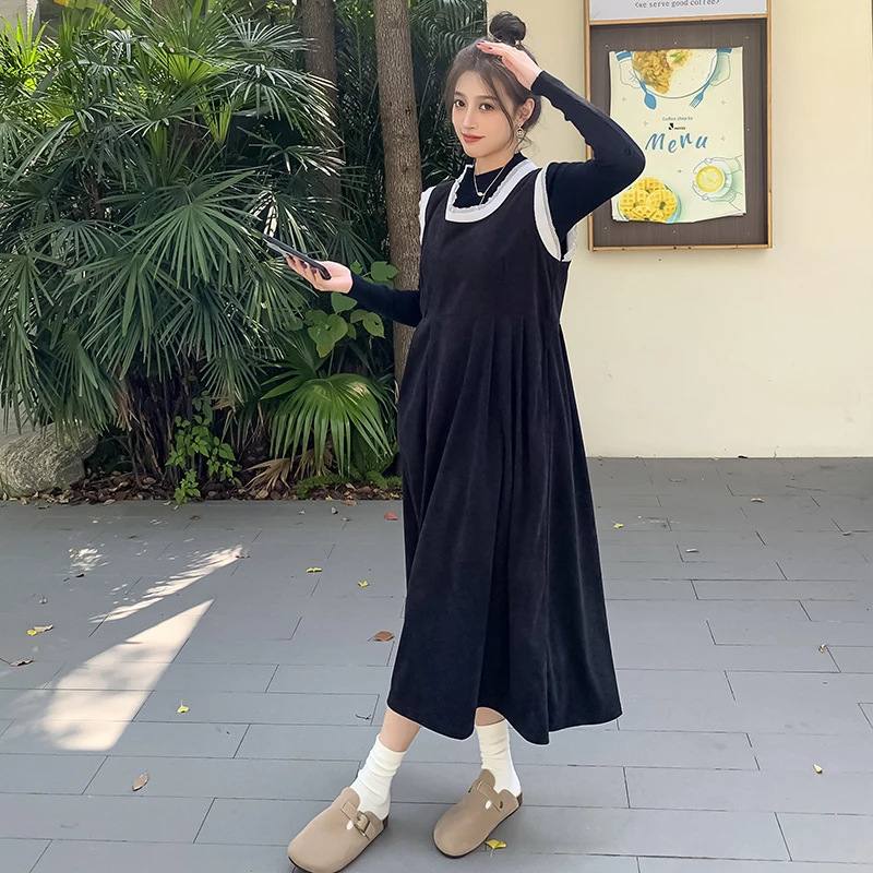 

2024 Winter Maternity Loose Clothes Set Black Long Sleeve Sweater+Plus Size Tank Dress Two Piece Set Pregnant Woman Clothes Sets