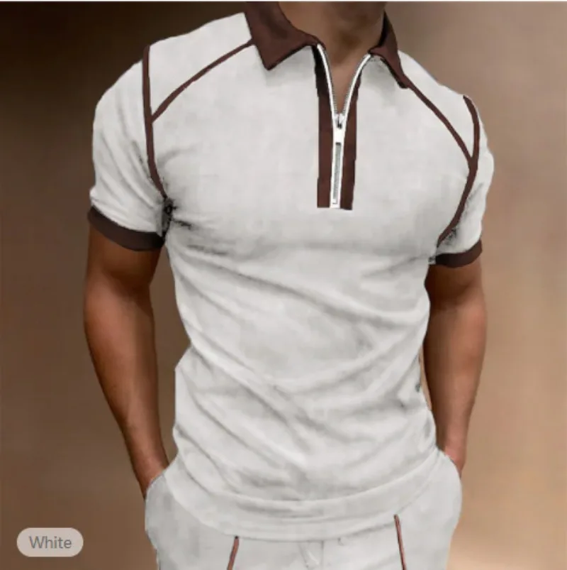 

2023 Summer New Mens Polo Shirt Short Sleeve Contrast Color Zipper T-shirt Top for Men