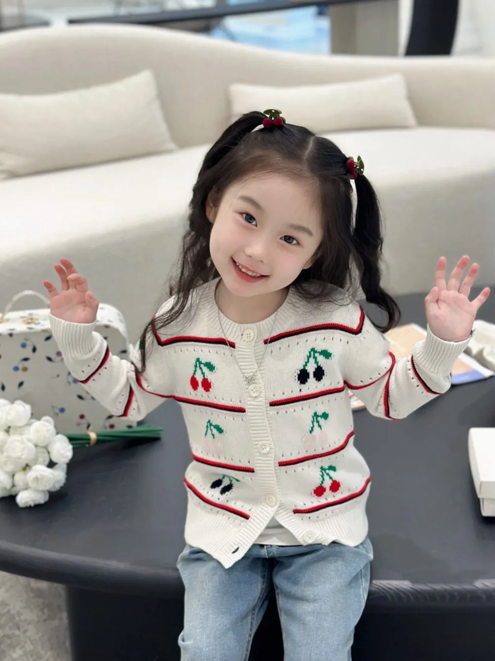 

in stock spring summer Girl's cardigan baby girls clothes Cherry patterned hollow knit sweater coat