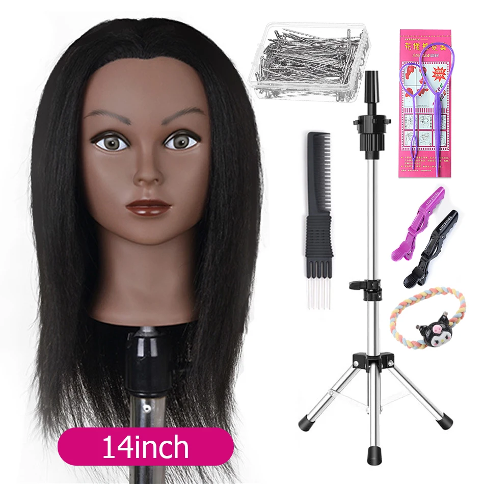 Afro-Schaufensterpuppenköpfe mit 100 % echtem Haar und verstellbarem Stativ, Friseurpuppen-Trainingskopf zum Üben, Styling, Flechten – Detail 7