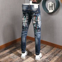Streetwear Fashion Men Jeans Spliced Designer Retro Blue Elastic Slim Ripped Biker Jeans Homme Hip Hop Painted Denim Pants Men 2