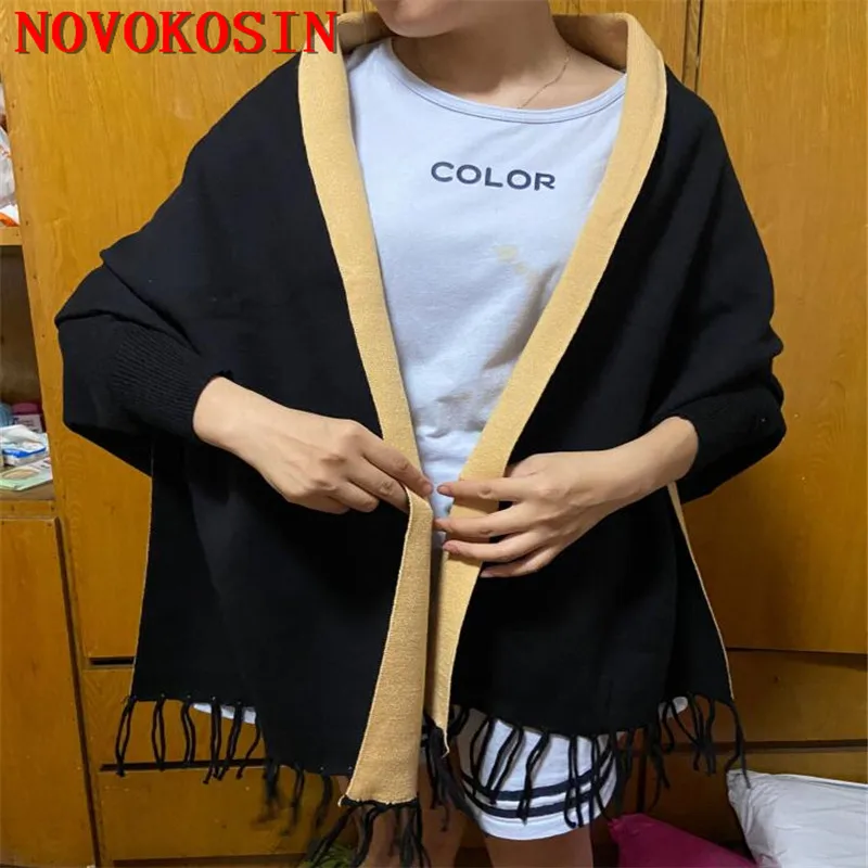 Winter Knitted Outstreet Wear Black With Khaki Cardigan Poncho Cape Women Tassel Cloak Autumn Female Long Sleeves Knitwear Coat khaki black vintage jeans men fashion retro printed jeans men streetwear hip hop loose straight jeans mens denim trousers m 2xl