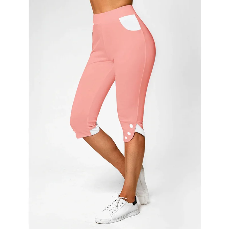 Spring Summer Solid Color Pants Patchwork Button Elastic High Waist Seven Points Casual Slim Pencil Trousers Plus Size Women