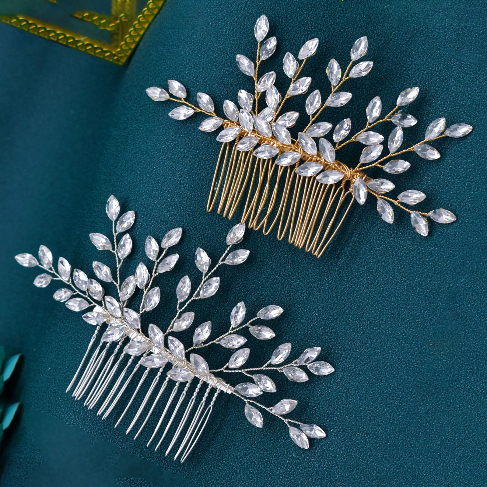 A466 Golden Bridal Hair Combs Rhinestone Wedding Tiara Crystal Women Hair Clips Handmade Jewelry Party Bride Pins