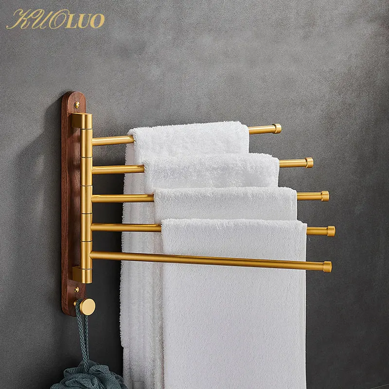 Innovative Wood Rotary Towel Hanger Waterproof Brushed Gold Towel Bar Wall Mounted Folding Bathroom Holder Clothes Hanger