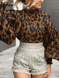 Celmia Leopard Print Blouses Women 2023 Fashion Lantern Sleeve Blusas Casual Stand Collar Chic Tunic Streetwear Oversize Tops