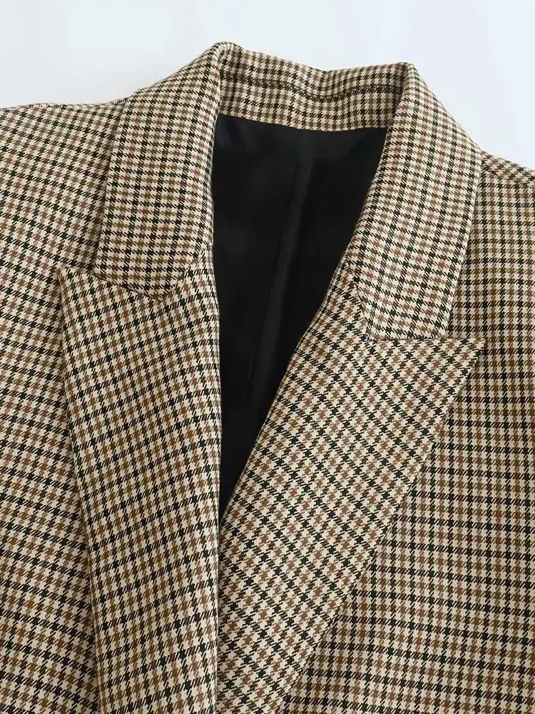 TRAF Women Fashion Double Breasted Plaid Blazer Coat Vintage Long Sleeve Flap Pockets Female Outerwear Chic Vestes Femme 3