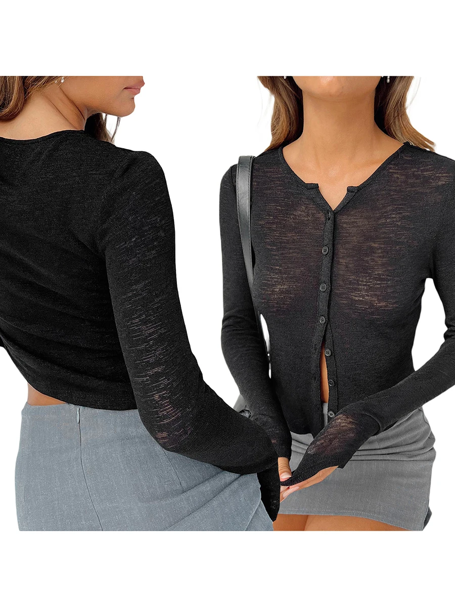 

Женская рубашка на пуговицах, повседневный однотонный прозрачный Укороченный кардиган с длинным рукавом, блузка, уличная Клубная одежда