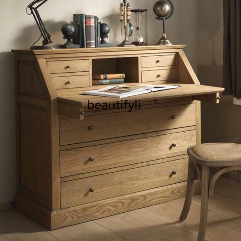 

European-Style Retro Solid Wood Writing Desk Storage Chest of Drawers Bedroom Makeup Storage Bookcase