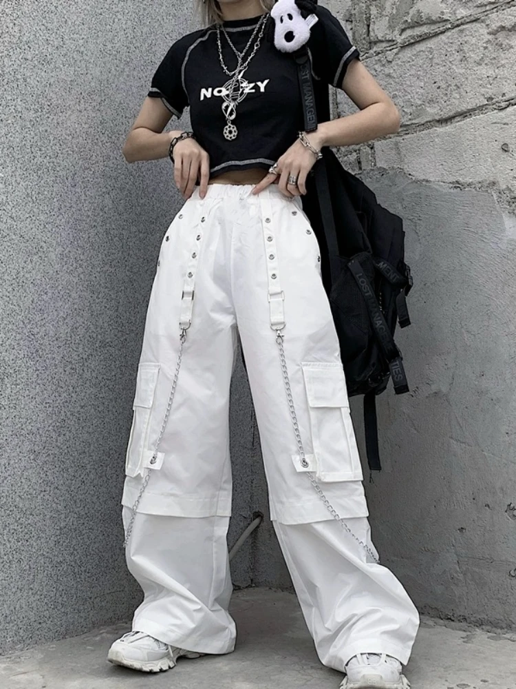 ADAgirl White Cargo Pants Women Streetwear Fashion Baggy Chain High Waist Wide Leg Casual Sweatpants Y2k Vintage Mujer Trousers