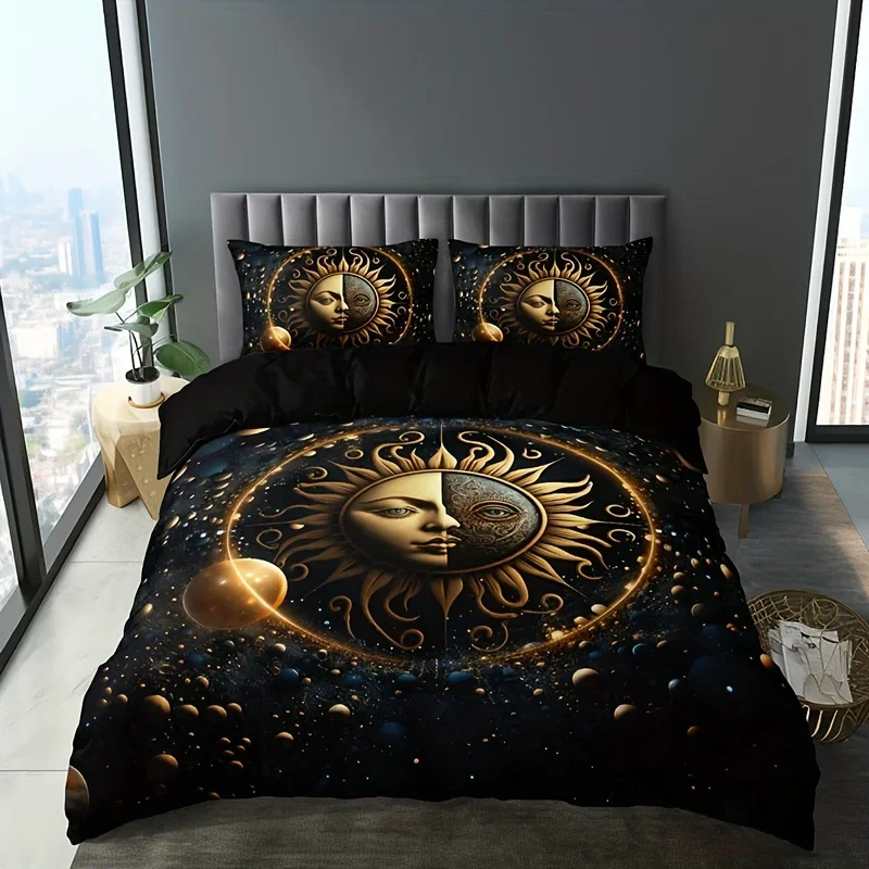 Moon Stars Celestial Sun Duvet Cover Set Golden Printed Bedding Set For Home Decor