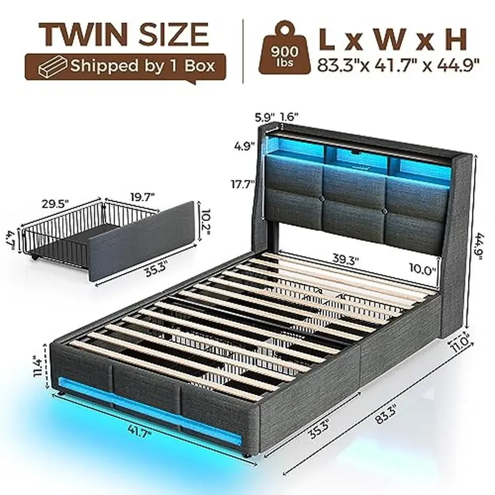 Twin Size Bed Frame LED Lights USB Charging Station Sliding Drawers Grey Linen Storage Shelf