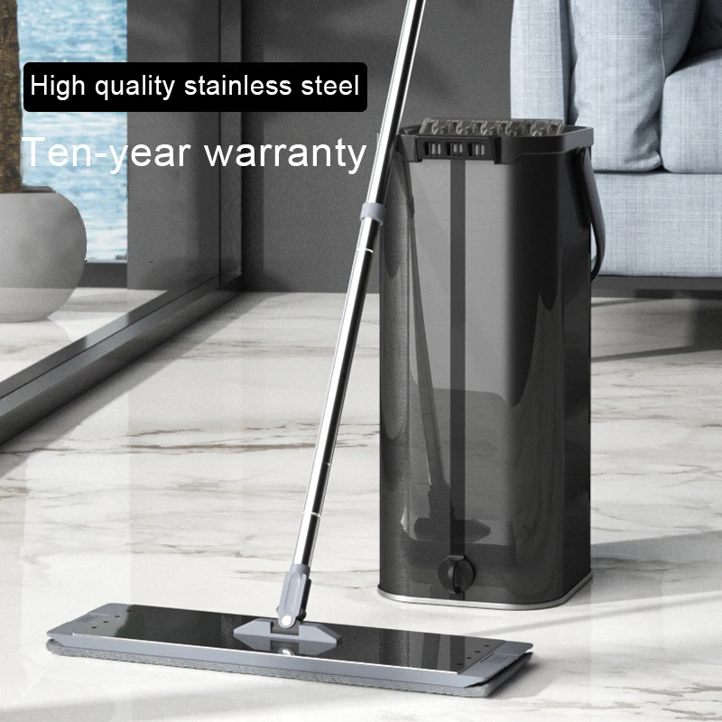 

Hand Free Flat Floor Mop And Bucket Set For Home Floor Cleaning System With Washable Microfiber Pads Stainless Steel Barrel Body