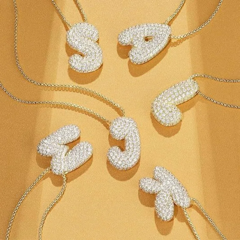 18K Gold Plated Hiphop Rock Chunky A-Z 26 Letters Necklace Bubble Balloon Initial Collar Chains Alphabet Choker Shiny CZ Jewelry