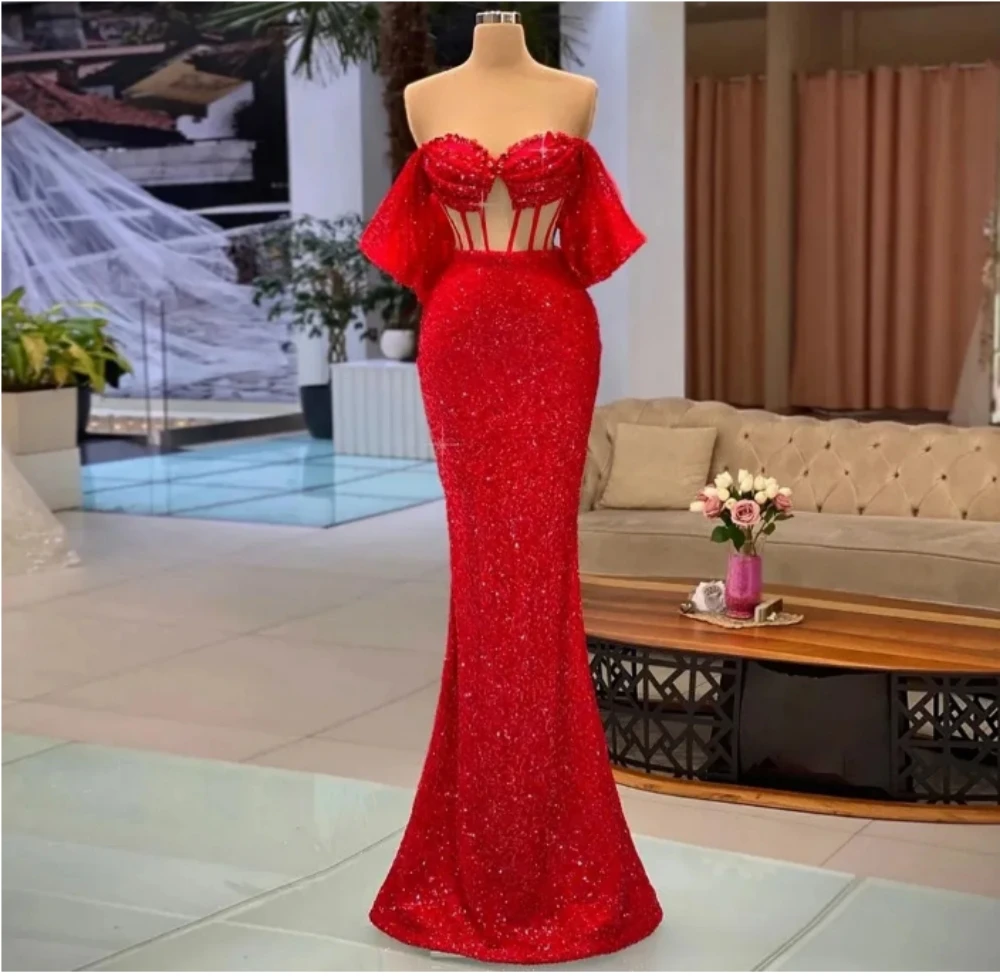 

2024 Sexy Red Off The Shoulder Evening Dress Illusion Bodice Ruched Sweetheart Glitter Sequins Mermaid Prom Robe De Soiree