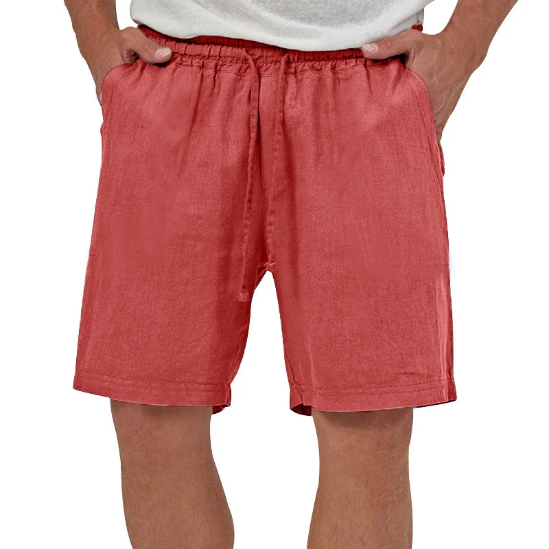 Summer Mens Linen Elastic Shorts Lightweight Cotton Trousers Pockets Breathable Beach Pants Fitness Sweatwear Shorts Men 5