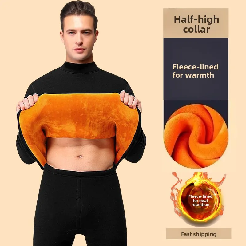 Men's Thermal Underwear Fleece Lined Thickened mid High Collar Top Self Heating Home Clothes Polyester Fiber Warmth Daily Wear - 5