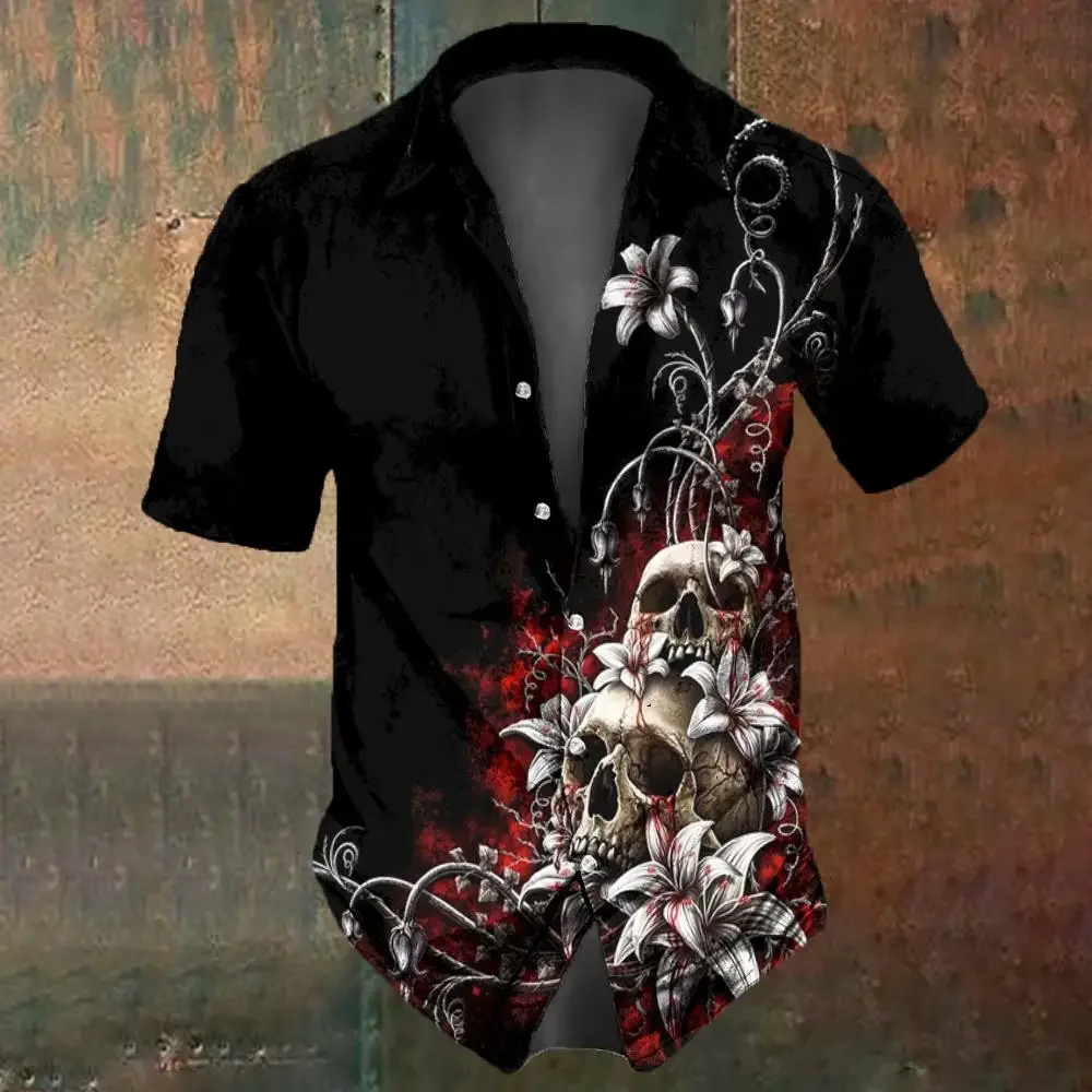 Retro Flower Skull Print Men's Shirt Summer Fashion Street Hip Hop Tops Oversized T-Shirts casual short sleeved shirt short sleeved shirt