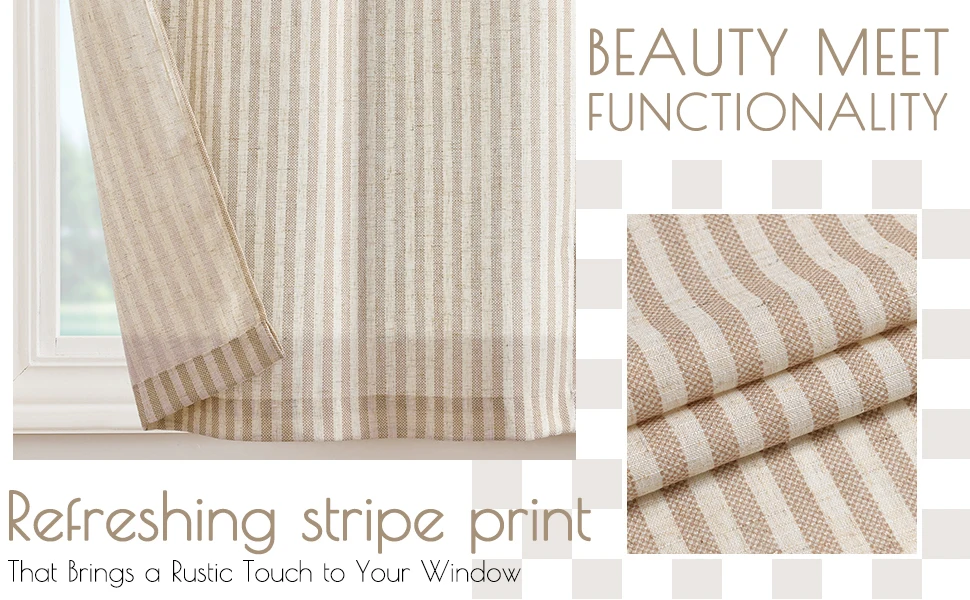 Linen Kitchen Curtains - Japanese Striped Short Rod Pocket Drapes