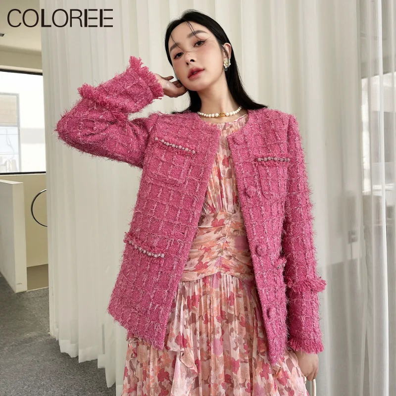 

Rose Pink Tweed Jacket Women 2023 Elegant O-neck Single Breasted Winter Wool Coat Chaquetas Para Mujeres Korean Fashion Outwears