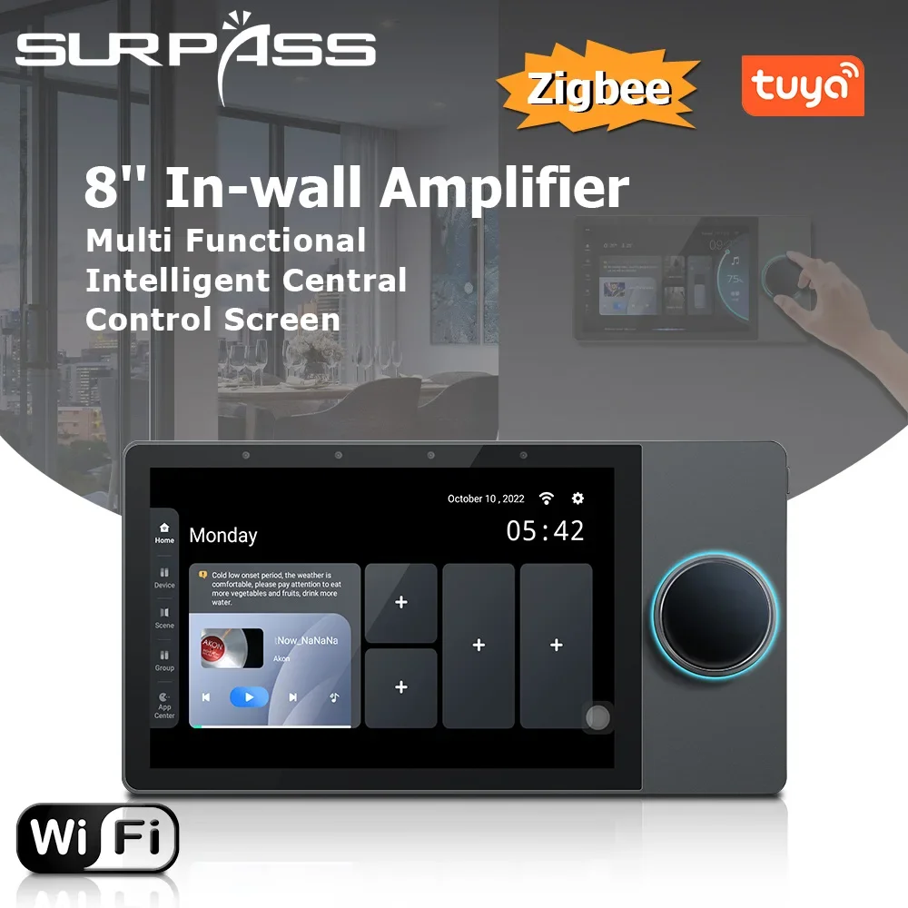 Tuya Amplifier WiFi Smart Home Audio 8inch Bluetooth Wall Amplifier 4 Channel Android 8.1 Touch Screen Support Zigbee RJ45 RS485