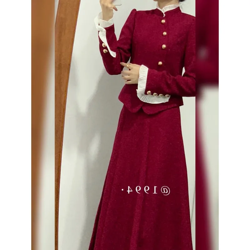 Lnsozkdg 우아한 연예인 레드 퍼프 소매 신년 재킷 및 플리츠 스커트, 한국 패션 레드 2 종 세트, 2024 용수철 가을