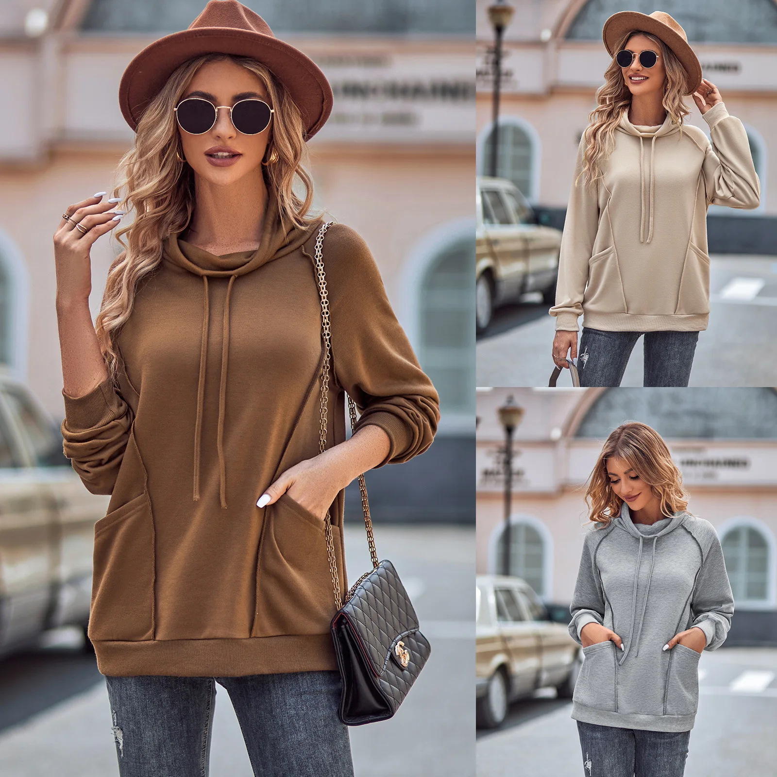 

2023 autumn and winter fashion casual women's best selling new solid color high-necked stitching loose sweater.