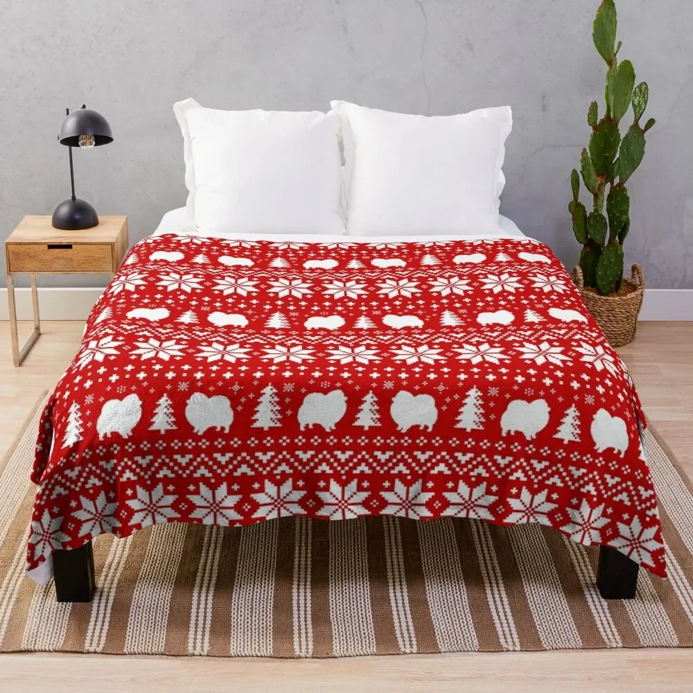 

Pomeranian Dog Silhouettes Red and White Christmas Holiday Pattern Throw Blanket Loose heavy to sleep Bed covers Sofas Blankets