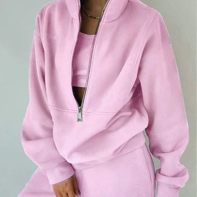 2024 Autumn/winter New Women's Fashion Fleece Thick Sports Leisure Solid Color Zipper Long Sleeve Pants Two-piece Women's Suit