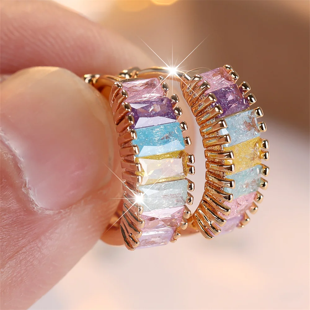 Multicolor Ice Flower Zircon Square Stone Hoop Earrings For Women Vintage Gold Color Ear Buckle Wedding Jewelry Versatile Gifts