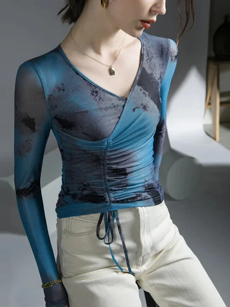 

Winsleter Streetwear Tshirt Long Sleeve Elastic Tee Women V Necks Gradient Drawstring Slim Mesh Top Autumn Winter T37415JM