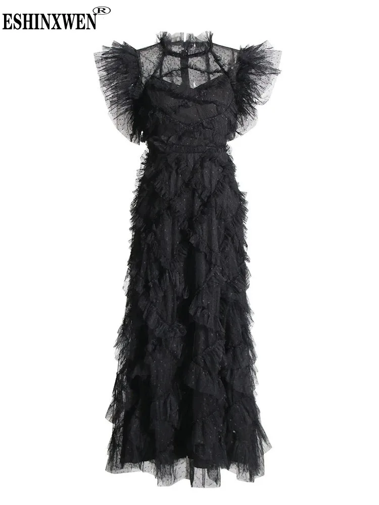 

Eshin 2023 Round Neck Flying Sleeve High Waist Elegant Dress Female Fashion Patchwork Ruffles Mesh Long Dresses For Women TH6004