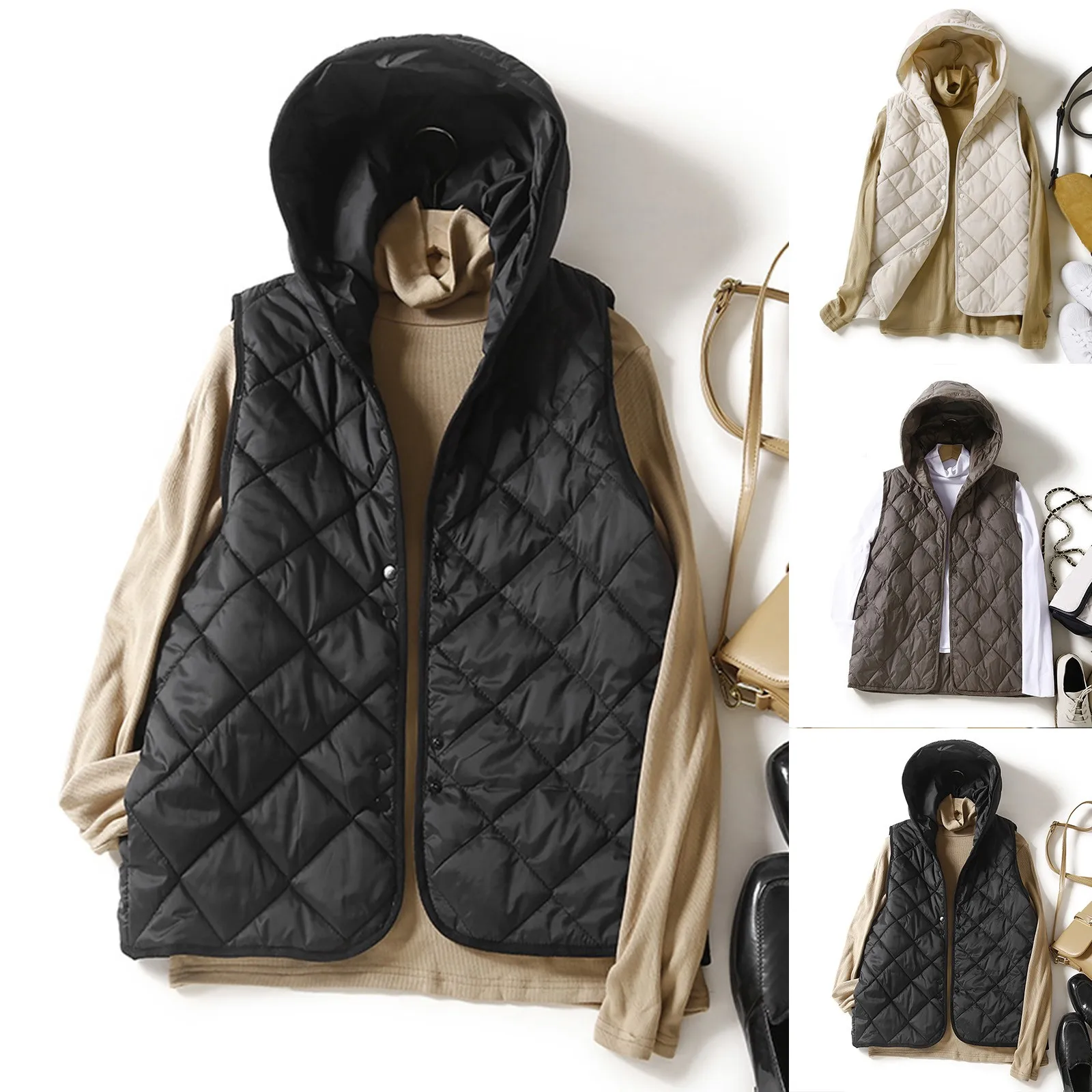 thumbnail image 1 of Chaleco de plumas ultraligero para mujer, chaqueta corta holgada sin mangas con capucha, ropa de abrigo sólida nueva de algodón para mujer de otoño e invierno 2023, 1 of 4