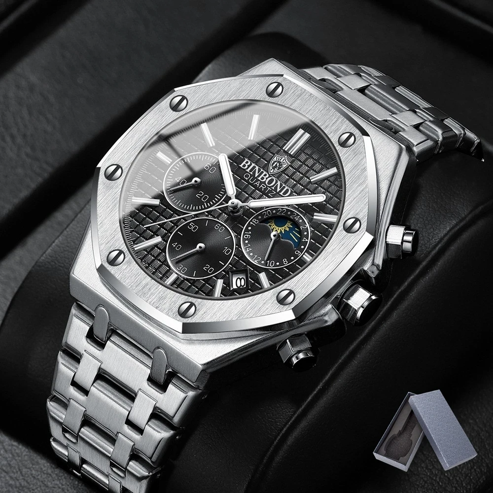 

2024 BINBOND B0161 Top box Brand Man Casual Quartz Watch Luxury Luminous Wristwatch Stainless Steel Waterproof Men Clock