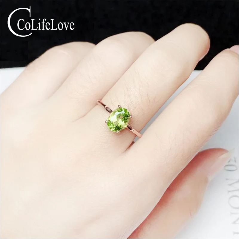 Simple 925 Silver Gemstone Ring 5mm 7mm Natural Peridot Silver