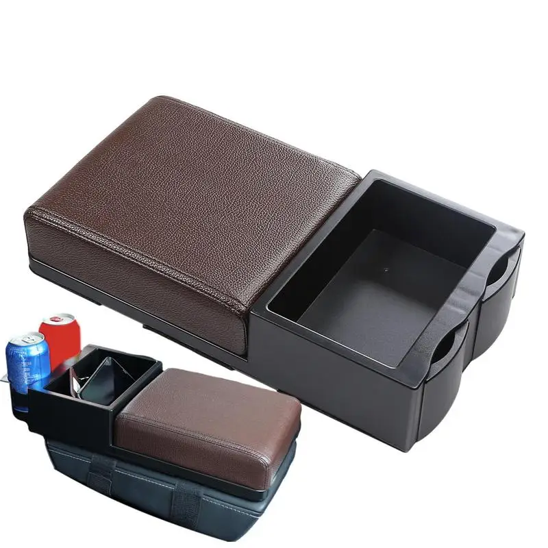 

Auto Center Console Armrest Storage Box Cushion 2 Cup Holder PU Leather Armrest Pad Portable Car Amrest Pillow Cover Height Pad