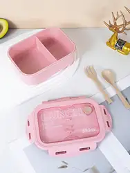 Compact Solid Color Square Lunch Box with Tableware, Microwaveable and Sealed (Pink)