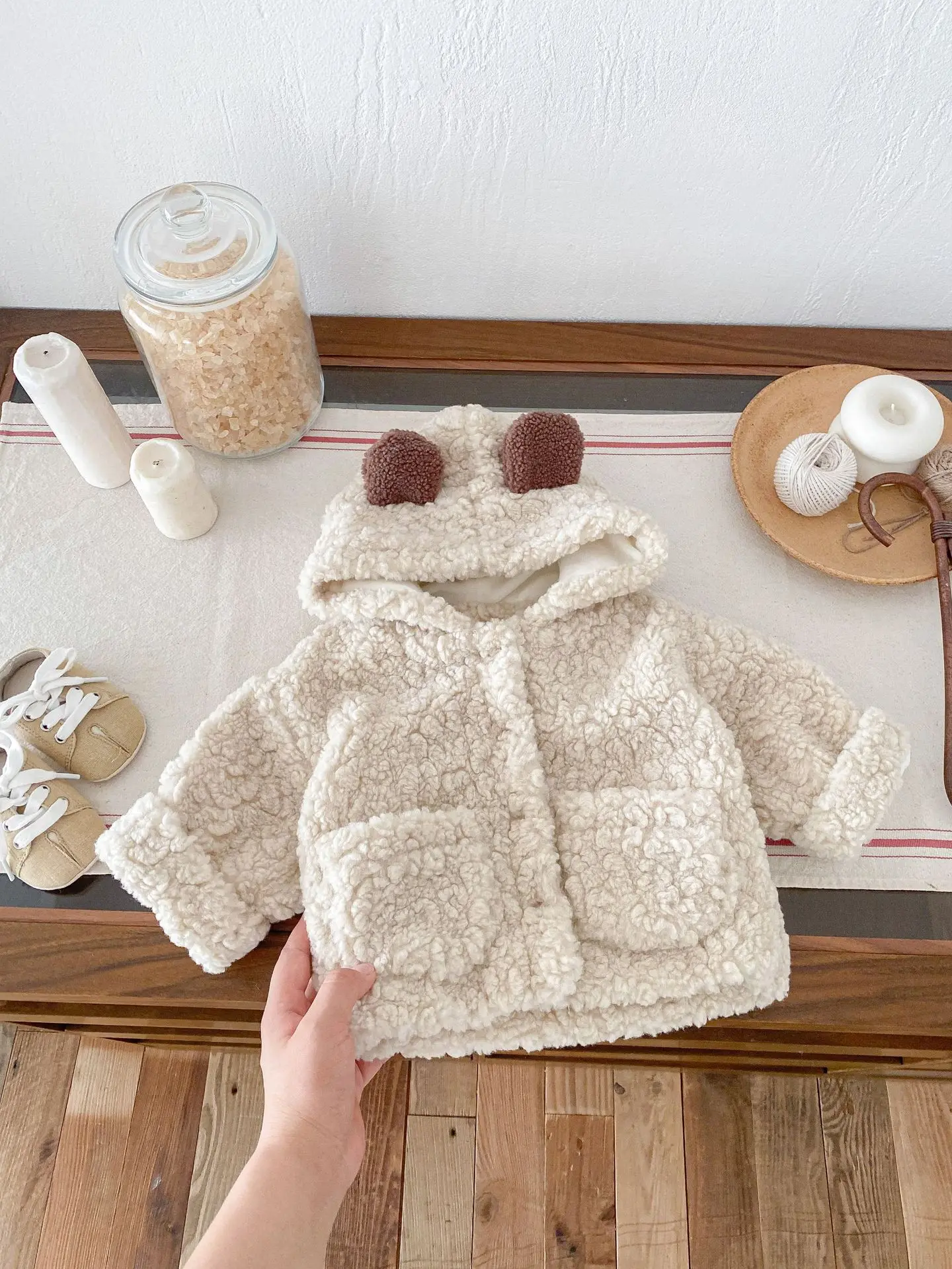 Winter New Baby Long Sleeve Plush Coat Plus Velvet Thick Infant Girls Bear Ears Hooded Cardigan Boys Cute Warm Jacket