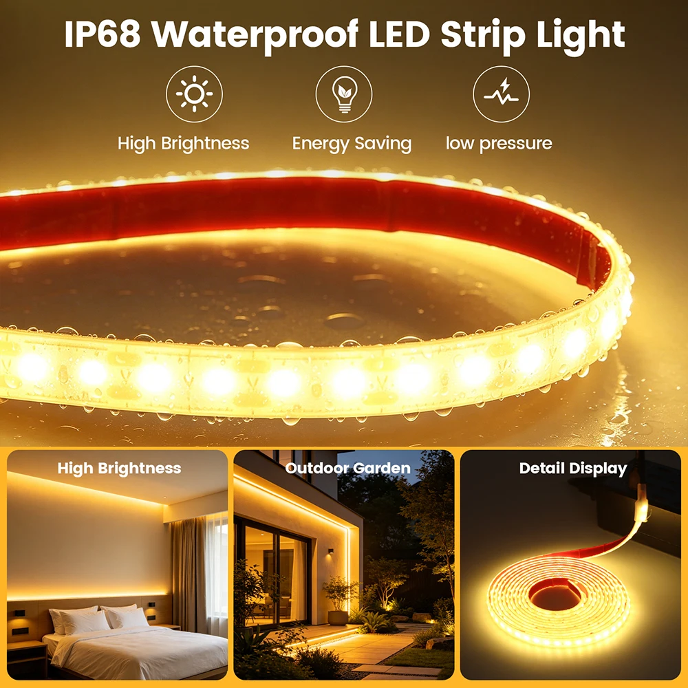 5V USB/배터리 전원 LED 스트립 라이트 SMD 2835 120 LED 플렉스 접착 테이프 IP68 휴대용 실리콘 램프 따뜻한 백색 가정용 조명