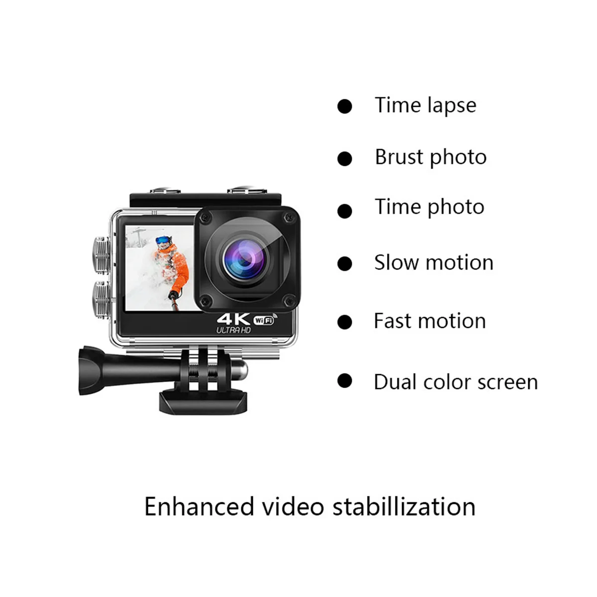 デュアルスクリーンwifiアクションカメラ防振170-°30m-4k60fpsを備えた防水スポーツカメラ